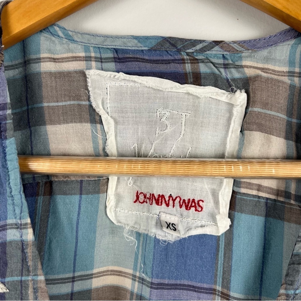 Johnny Was Workshop blue grey plaid embroidered tunic short sleeve top size XS - Picture 2 of 4